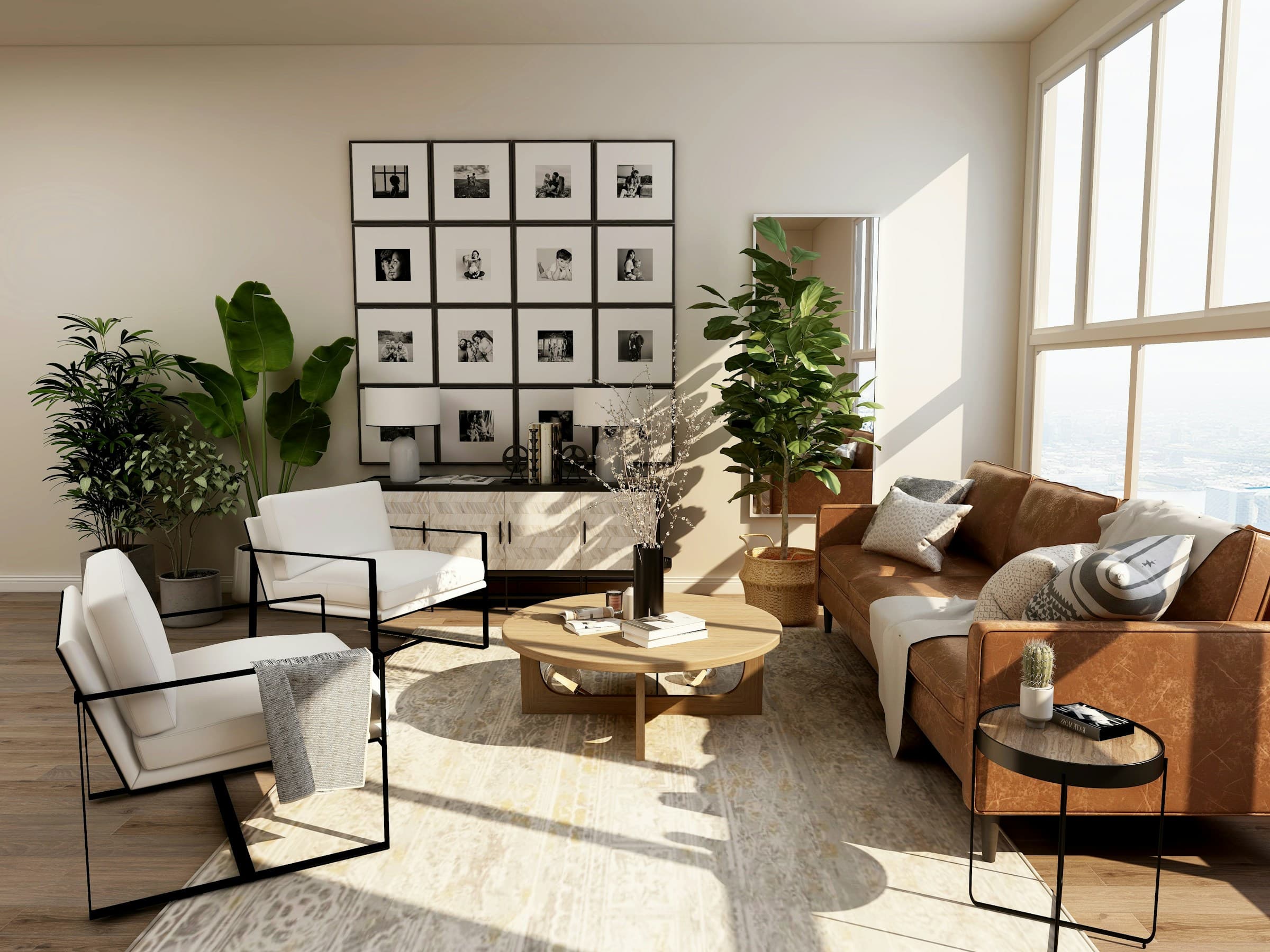 Salón contemporáneo con luz natural, madera y tonos cálidos