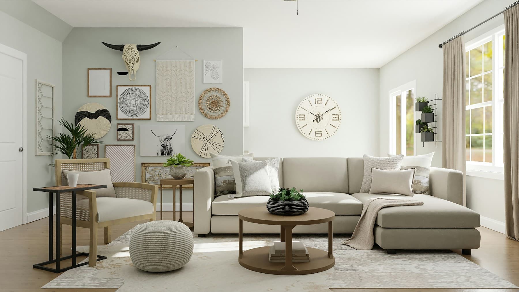 Salón sereno con mobiliario de madera, tejidos naturales y tonos piedra
